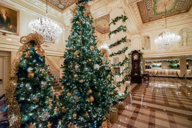 A glimpse of our opulently decorated lobby during the holidays.