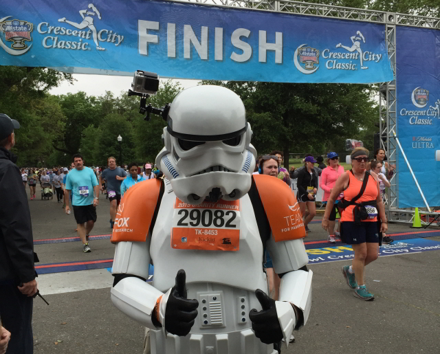 The Crescent City Classic 10K features charity runners who sometimes go all out with costumes, like the Stormtrooper seen here. (Photo courtesy Mallory Whitfield)