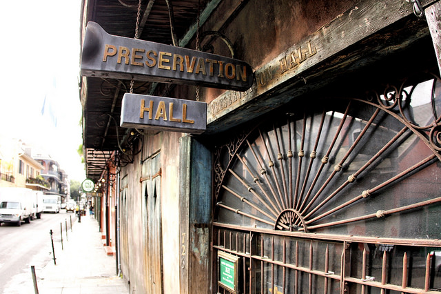 The best place to listen to traditional New Orleans jazz music in the French Quarter is Preservation Hall. (Photo via Flickr user Phil Roeder)