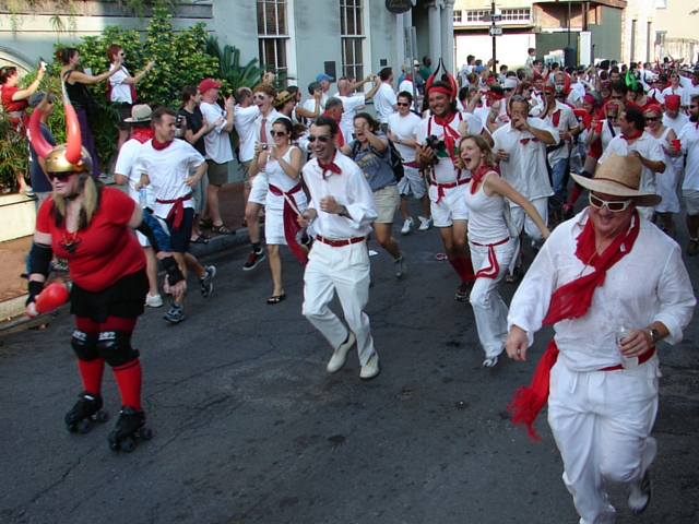 To maintain the traditional Spanish feel, runners at San Fermin in Nueva Orleans are required to wear white and red to participate. (Photo courtesy Flickr user Mark Gstohl.)