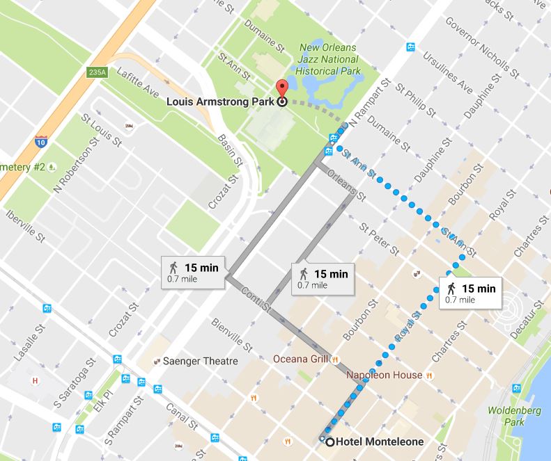 It's just a quick 15-minute walk from Hotel Monteleone to Louis Armstrong Park, the site of Treme Creole Gumbo Festival.