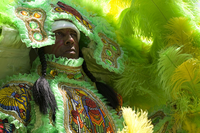 Each Mardi Gras Indian spends all year creating an intricate new suit of beads and feathers. (Photo courtesy Flickr user Derek Bridges)