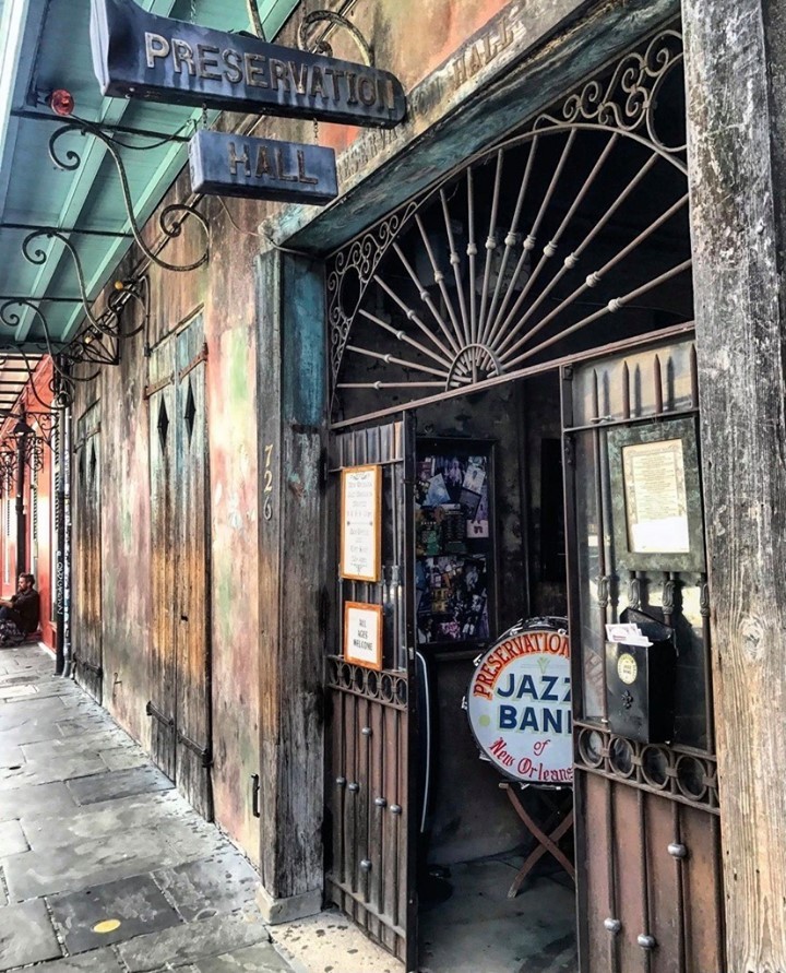 The historic Preservation Hall, a beloved music venue in NEw Orleans that hosts live jazz music all year round.