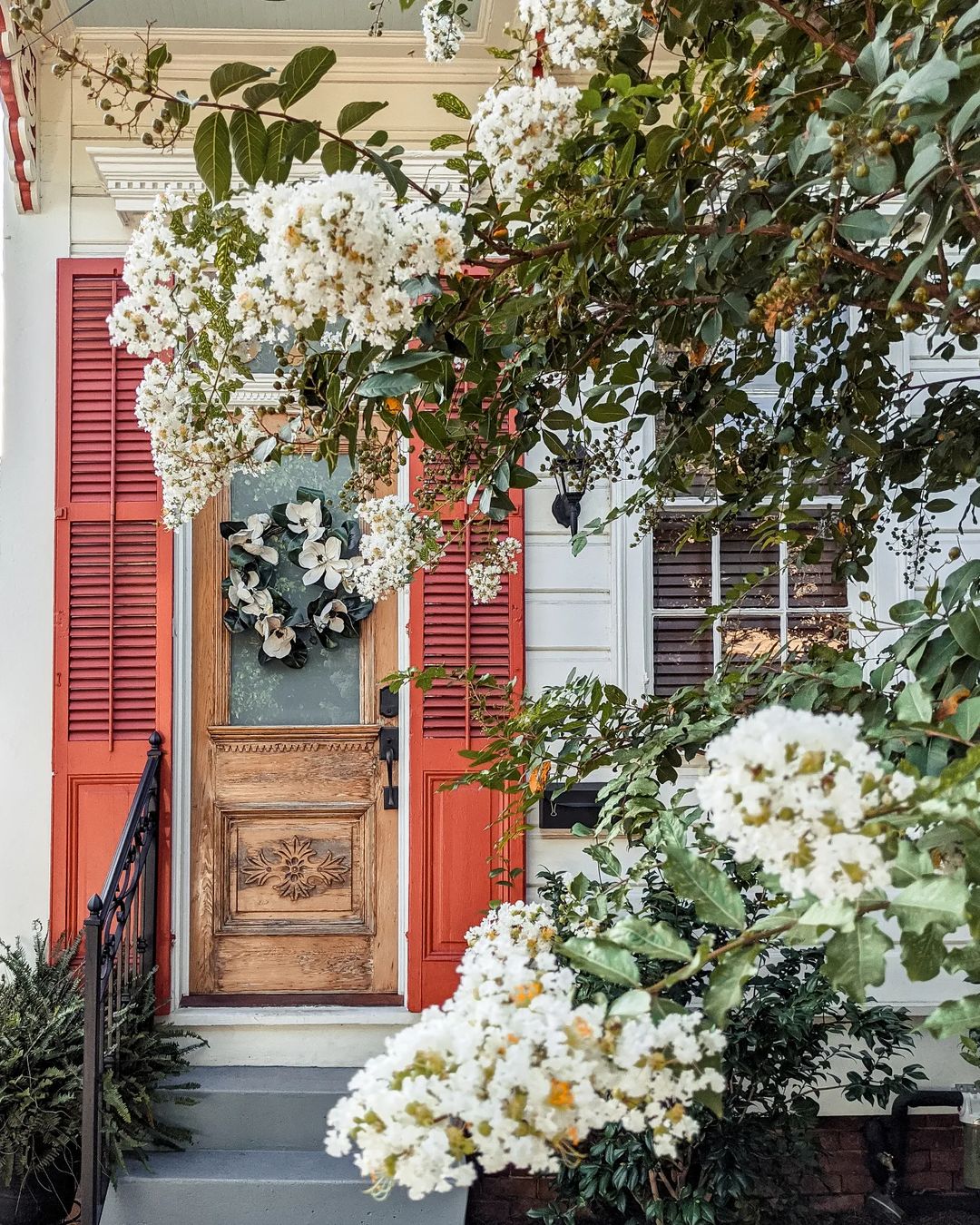 New Orleans style home with bright coral shutters and crepe myrtle tree blooms