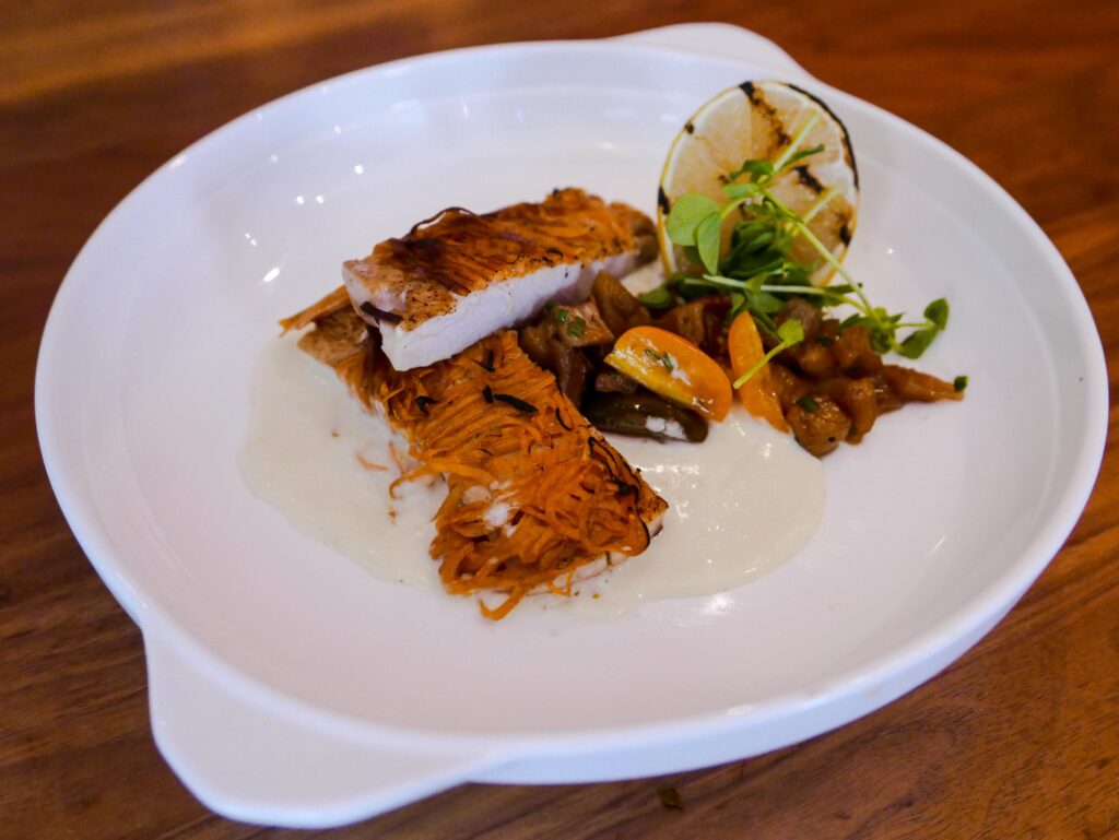 Sweet Potato Crusted Grouper served over Fennel Compote with a white truffle sauce