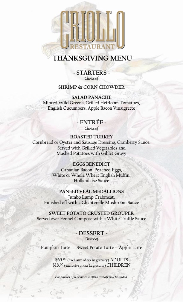 The full menu for Criollo's prix-fixe Thanksgiving meal, available this holiday inside Hotel Monteleone.