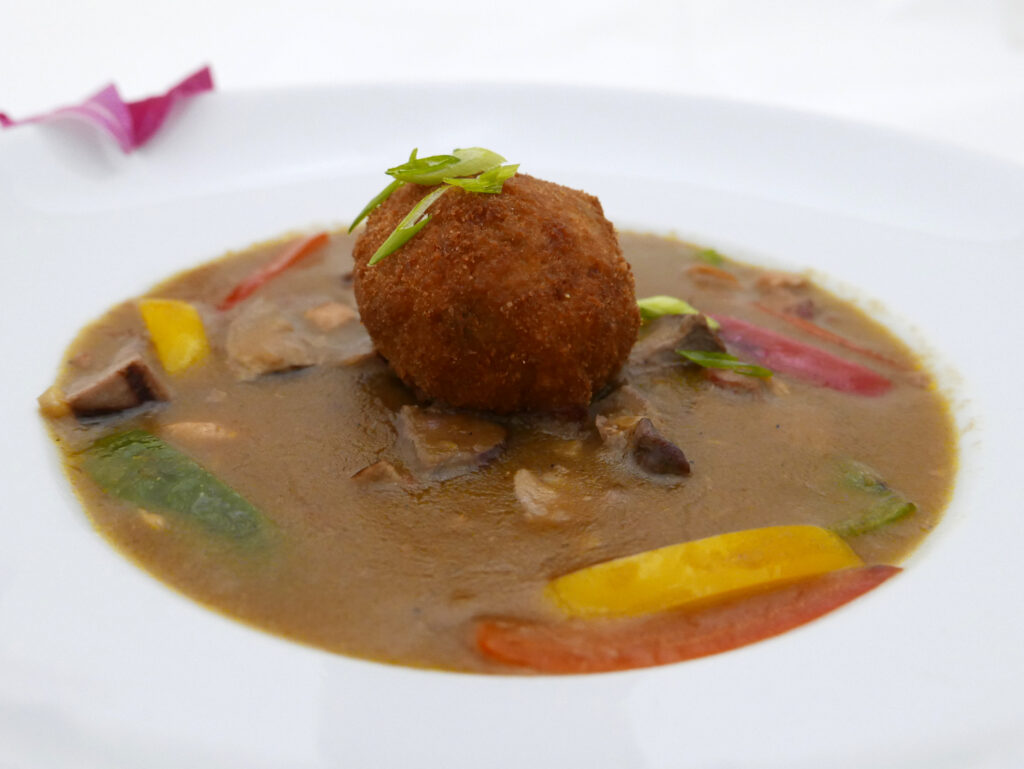 Second course of Criollo's Valentine's dinner menu: Duck & Andouille Gumbo with duck boudin balls