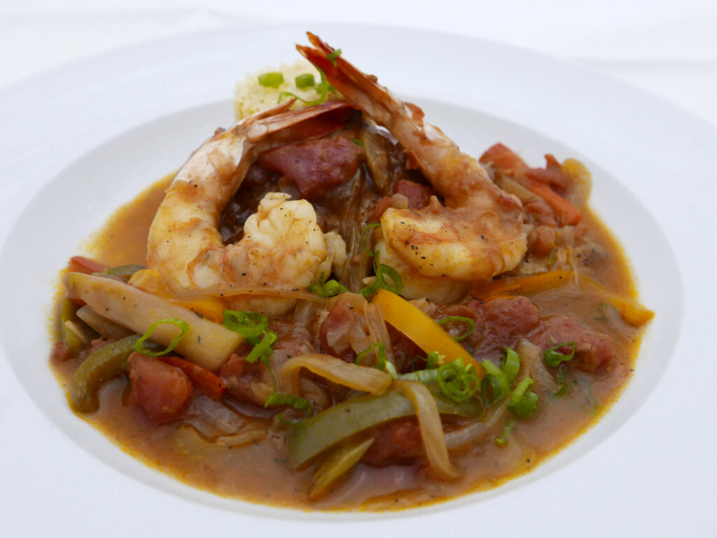 Third course for Criollo's Valentine's dinner menu: Redfish & Shrimp Coubion with rice grits