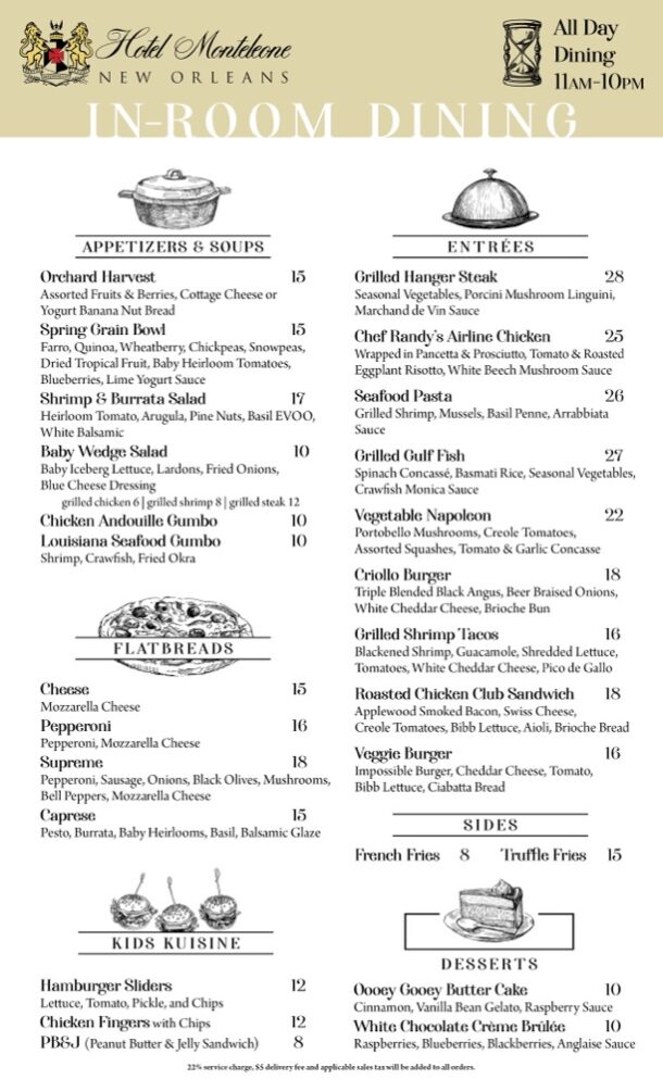 All Day InRoom Dining Menu Hotel Monteleone